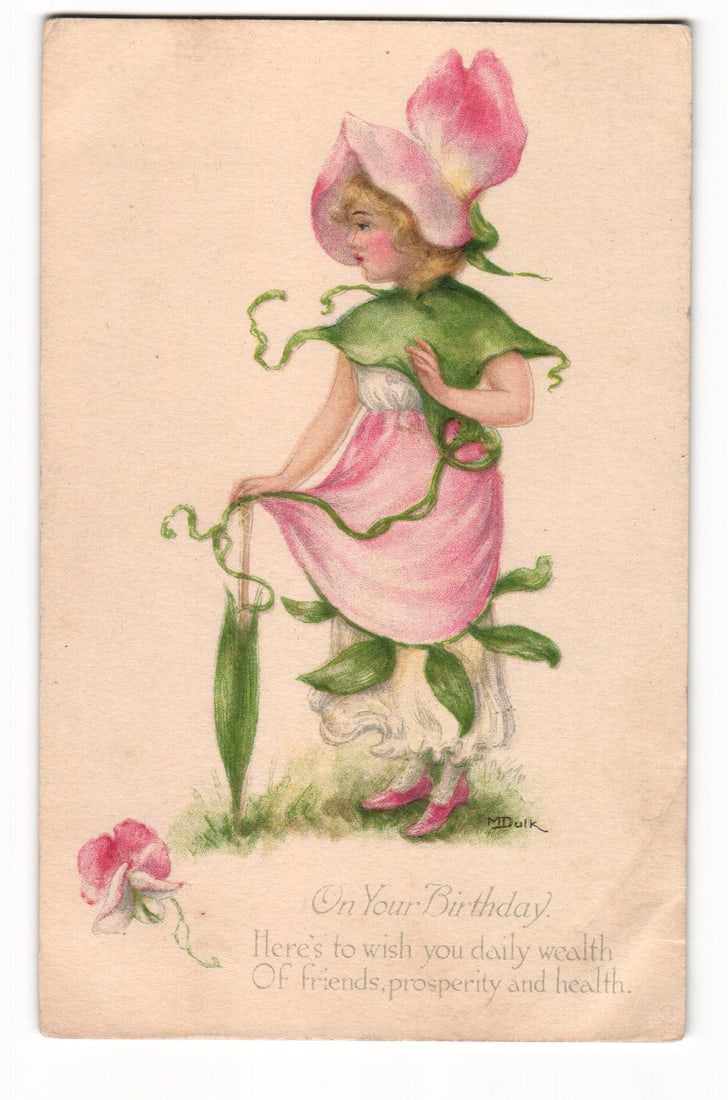 Illustrated Birthday Postcard: Girl as Sweet Pea Flower, MDolk Artist, Mount Vision NY 1916 (1 of 2)