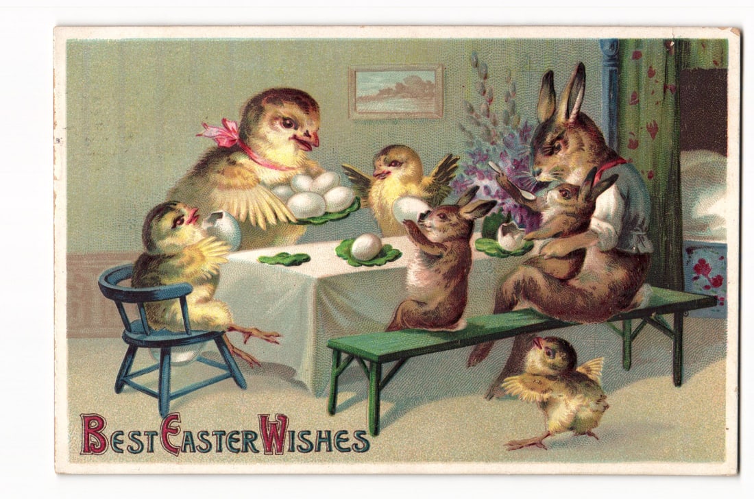 Embossed Easter Postcard: Anthropomorphic Rabbits & Chicks at Table, 'Best Easter Wishes', 1912 (1 of 2)