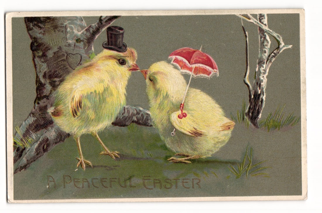 Easter postcard: Two chicks, one with top hat, one with parasol, "A PEACEFUL EASTER", 1909 (1 of 2)