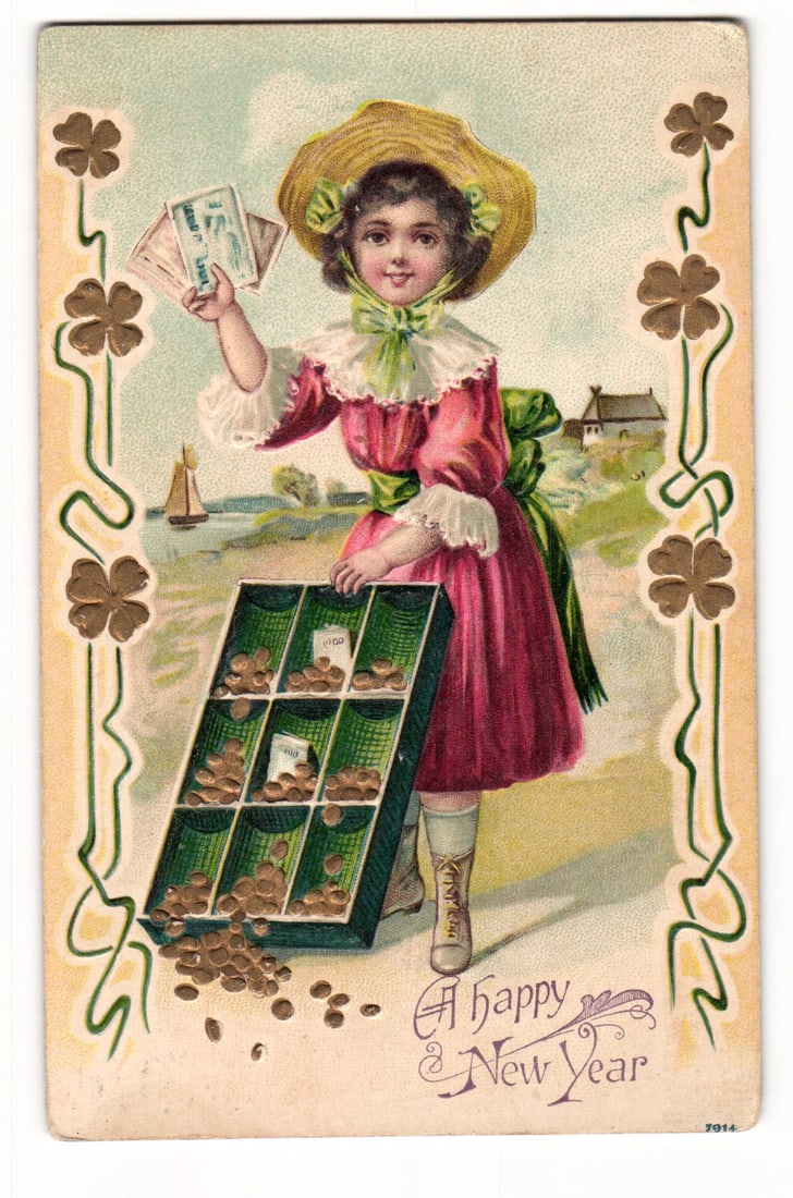 Happy New Year Postcard: Girl with Banknotes & Coin Tray, Embossed Clovers, Sent Norfolk 1908 (1 of 2)