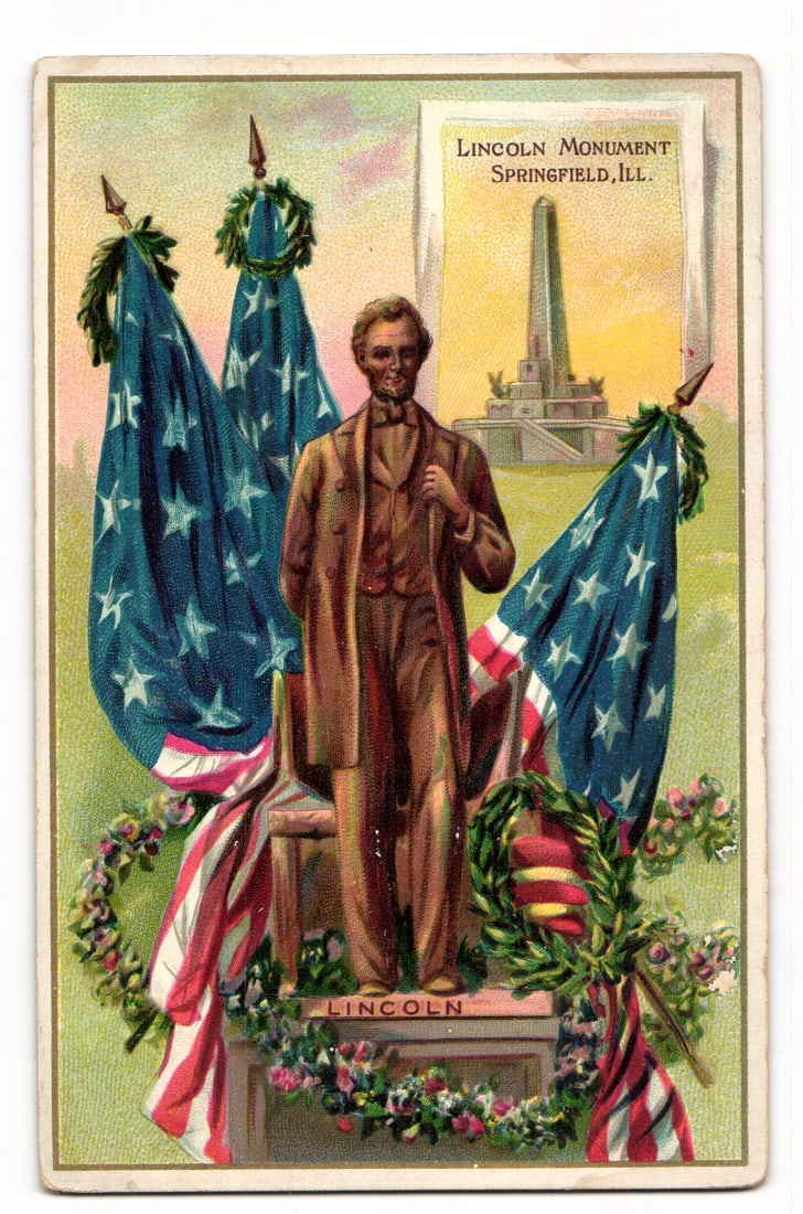 Lincoln Statue, Flags & Monument, Springfield, IL. Tuck's 'Lincoln's Birthday' Series Postcard (1 of 2)