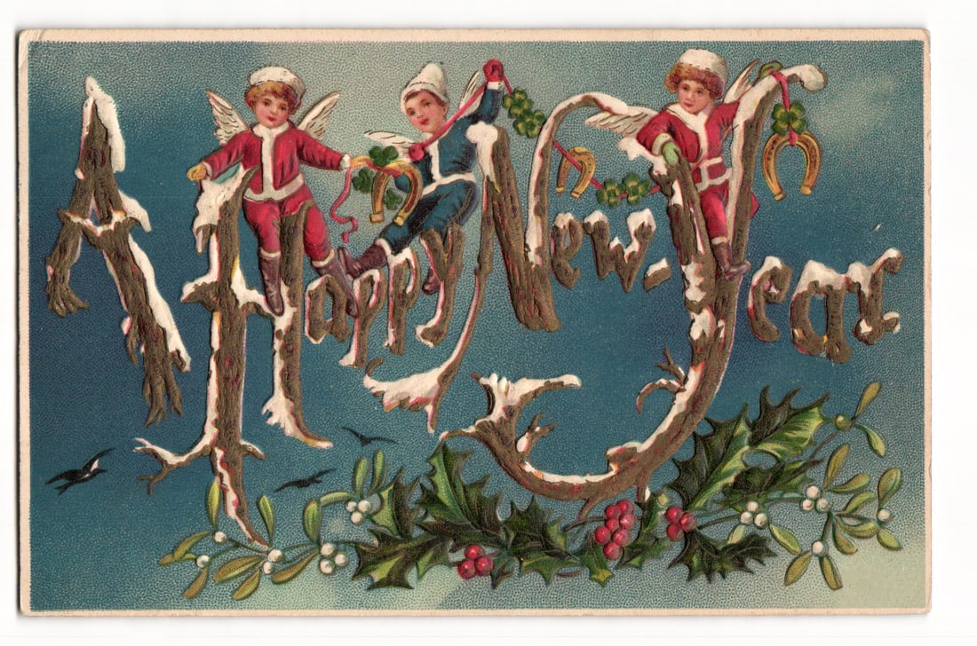 German Embossed "A Happy New Year" Postcard, Angelic Figures, Holly, Mistletoe, c. 1909 (1 of 2)