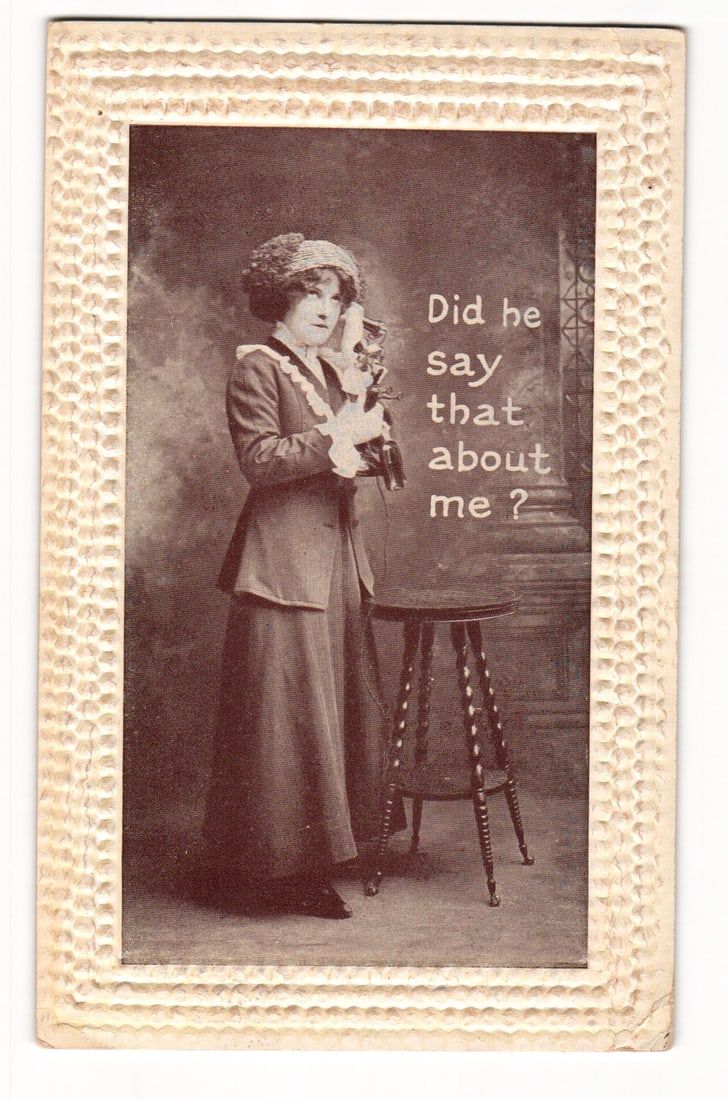 Early 20th C. Postcard: Woman with Dog and Telephone, "Did he say that about me?", N.Y. 1910 (1 of 2)