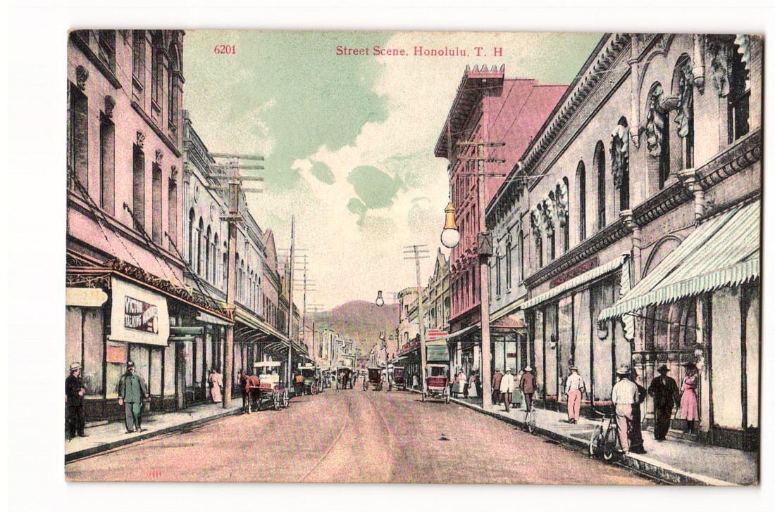 Honolulu, T.H. Street View with Early Automobiles and Carriages, Colorized Postcard No. 6201 (1 of 2)