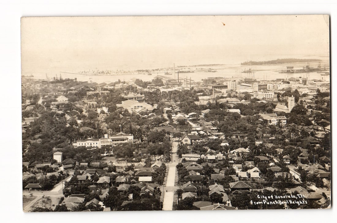 Aerial View of Honolulu, Territory of Hawaii, from Punch Bowl Heights, 1920 Real Photo Postcard: A high-angle, sepia-toned photographic view captures the City of Honolulu, looking towards the harbor and ocean. The foreground consists of residential areas with numerous houses, varied rooflines, an