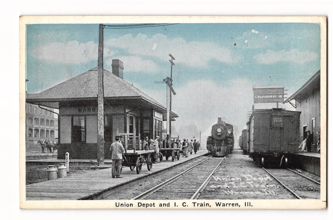 Union Depot and I.C. Train, Warren, Illinois, 1928 Posted, Colorized Railroad Scene Postcard (1 of 2)