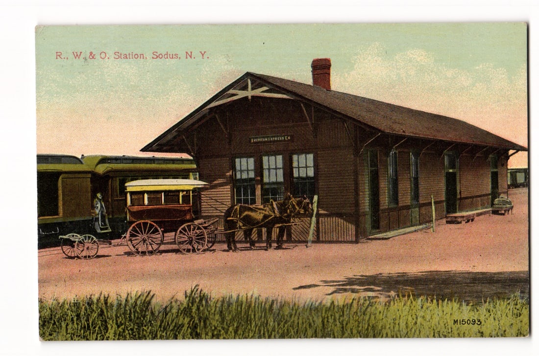 R., W. & O. Station, Sodus, N.Y. with American Express Co. Horse-Drawn Carriage Postcard (1 of 2)
