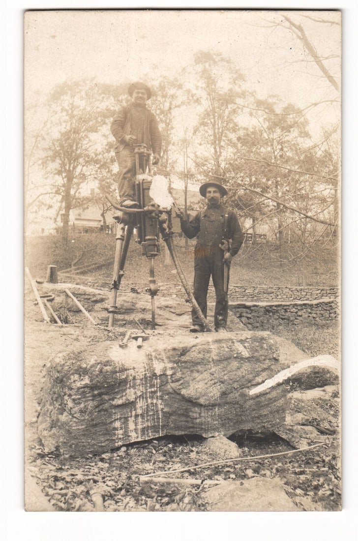 Real Photo Postcard: So. Coventry, Conn. Trolley Line Construction, Two Workers with Rock Drill (1 of 2)