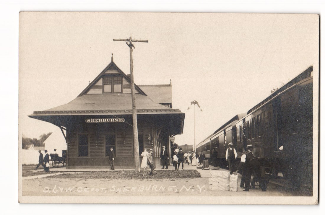 Sherburne, N.Y., D.L. & W. Railroad Depot, Train and People, Early 20th Century postcard (1 of 2)