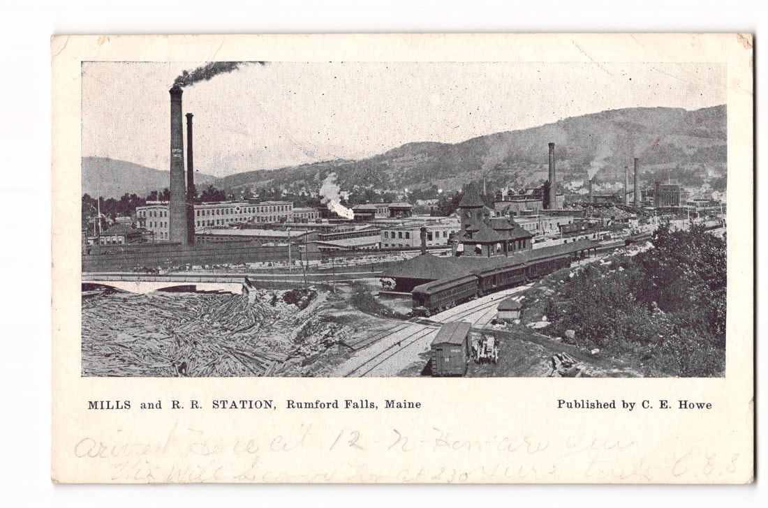 Mills and R.R. Station, Rumford Falls, Maine, Early 20th Century Industrial Landscape Postcard (1 of 2)