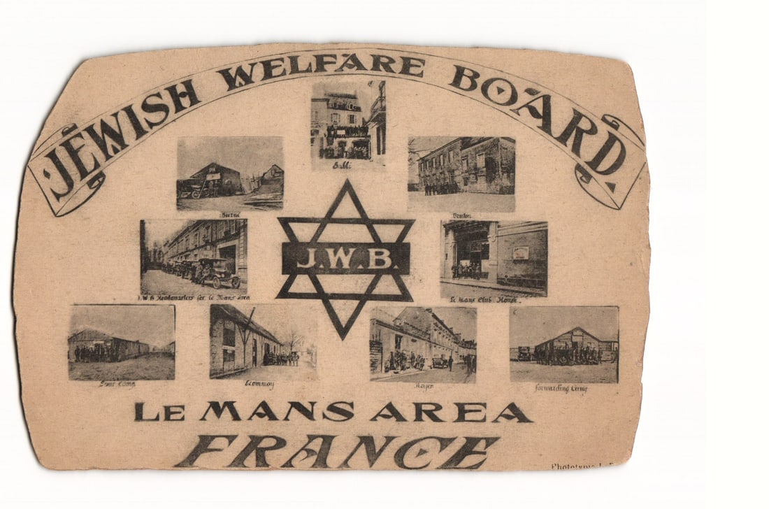 Jewish Welfare Board American Embarkation Center Le Mans Area France Postcard, Various Scenes: A sepia-toned printed postcard featuring distinctively curved top and bottom edges. The front displays a central Star of David emblem with the initials "J.W.B." integrated within it. This emblem is su