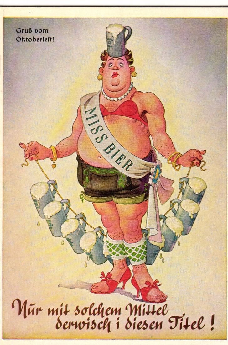 Oktoberfest Postcard: Caricature of 'Miss Bier' with Steins, München, German Humorous Art (1 of 2)