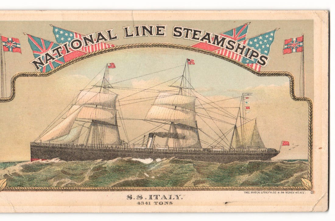 National Line Steamships S.S. Italy Advertising Card, Transatlantic Passenger Service, New York: A color lithographic advertising card measuring 3.5 inches tall by 6.1 inches wide. The front shows the S.S. Italy, a three-masted steamship with auxiliary sails, at sea. Port-side view, moving left t