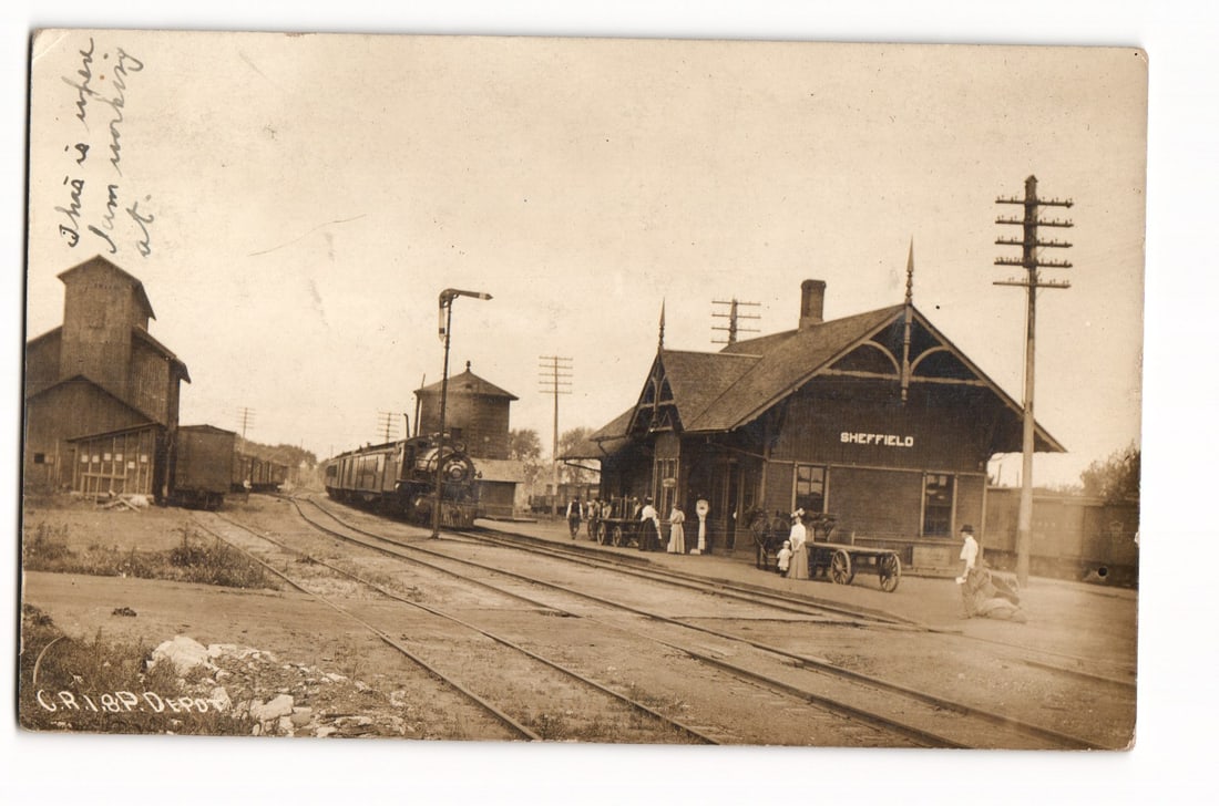Sheffield, Illinois C.R.I.&P. Railroad Depot, Train and Onlookers, RPPC Postcard ca. 1911 (1 of 2)