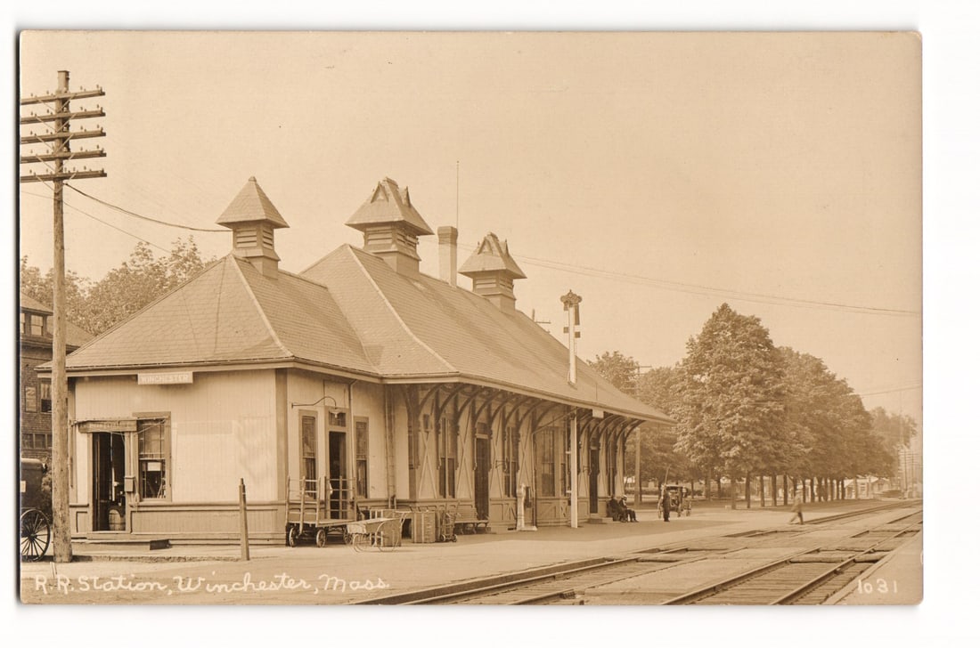 R.R. Station, Winchester, Mass. Sepia Tone Real Photo Postcard of Train Depot Building Exterior (1 of 2)