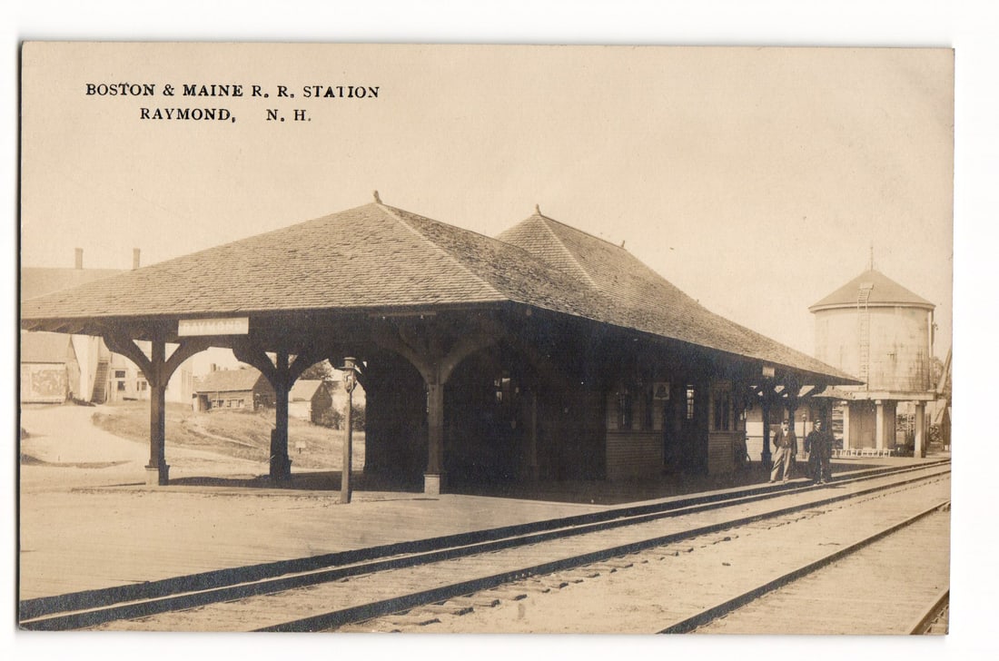 Postcard: Boston & Maine R.R. Station, Raymond, N.H. Exterior View with Tracks & Water Tower. (1 of 2)