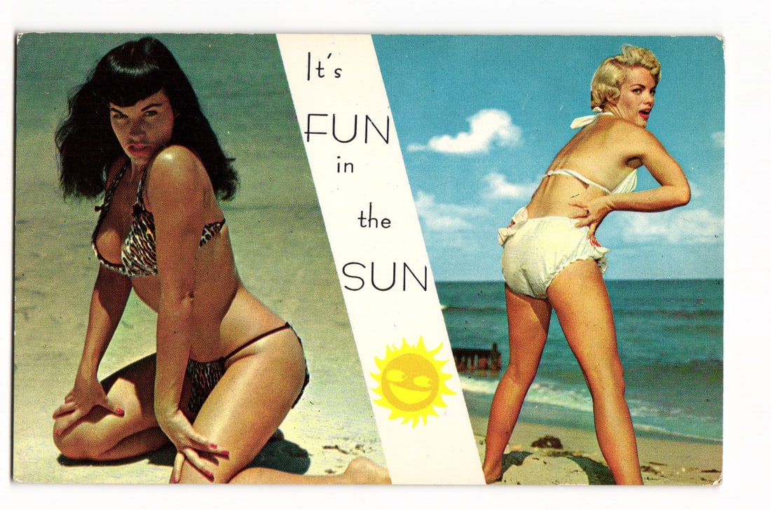 It's Fun in the Sun Postcard: Brunette and Blonde Women in Two-Piece Swimsuits on Beach Scene: This color printed postcard features on its front a composite image separated by a white diagonal band. On the left, a woman with dark, shoulder-length hair and bangs, wearing a patterned string bikin