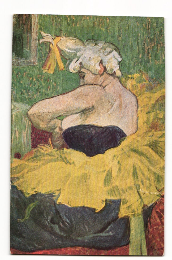 Postcard: H. de Toulouse-Lautrec, 'La Clownesse (Mlle CHA-U-KA-O)', Louvre, Nomis Edition: A color reproduction of a painting. The artwork depicts a female figure, identified on the reverse as 'La Clownesse (Mlle CHA-U-KA-O)', viewed from the back and slightly to her right. She has upswept