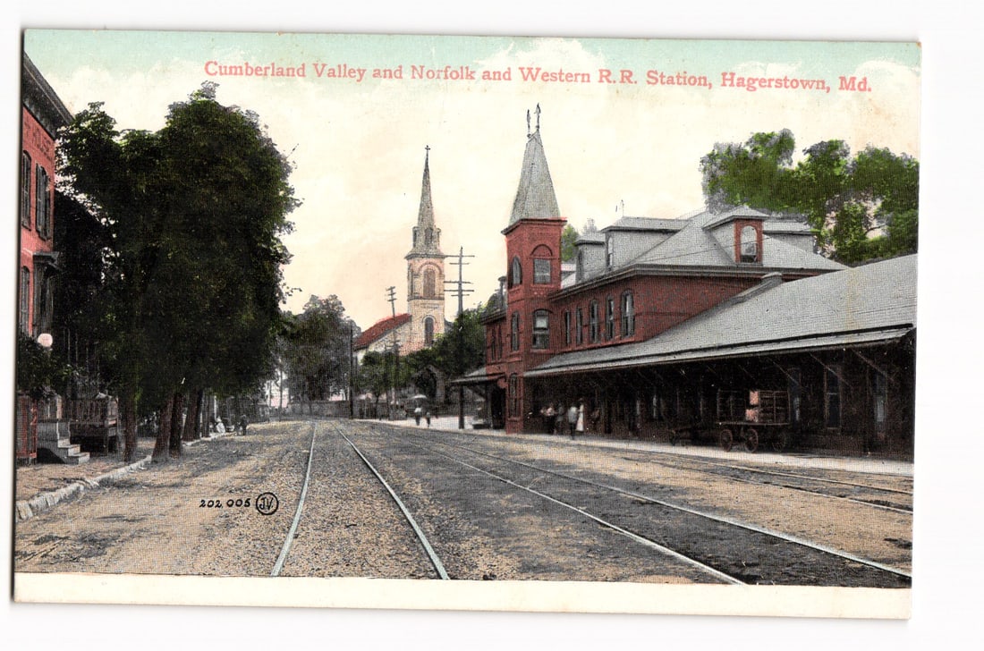 Hagerstown, MD: Cumberland Valley and Norfolk and Western R.R. Station, tracks, c.1907-15 postcard.: Please view photos for further description and condition considerations. Please know the scans may be darker or lighter than the actual card's true appearance. FREE SHIPPING POLICY: (Domestic USA Only