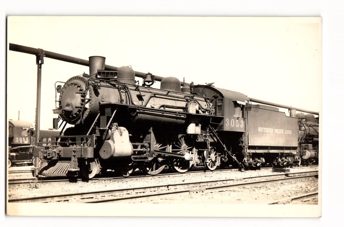 RPPC Southern Pacific Lines Steam Locomotive #3053 at Rest in Railyard, Sharp Profile, c. 1926-40s (1 of 2)