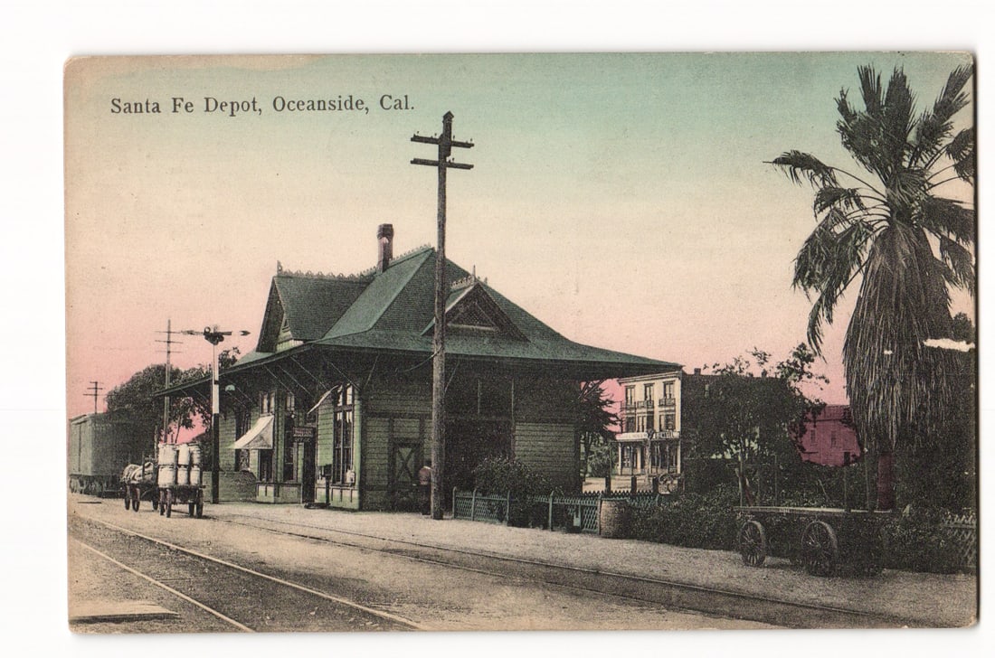 Oceanside, Cal. Santa Fe Depot, Victorian architecture, train, palm, c.1907-1915 divided back: Please view photos for further description and condition considerations. Please know the scans may be darker or lighter than the actual card's true appearance. FREE SHIPPING POLICY: (Domestic USA Only