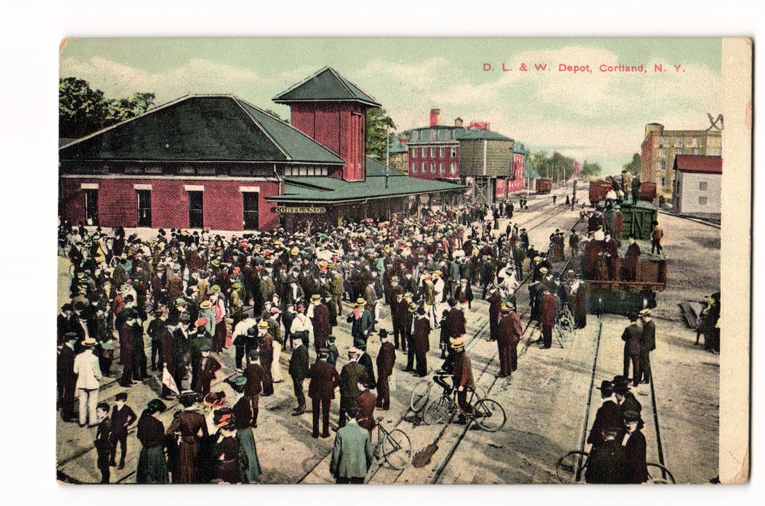 Cortland, N.Y.: D. L. & W. Depot, Large Crowd, Bicycles, Street Scene, 1909 Litho-Chrome Postcard (1 of 2)