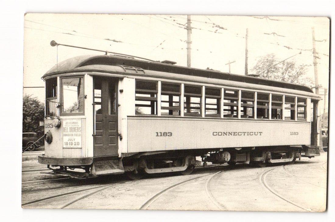 Bonnet Ferroviagraph RPPC: Conn. Co. Trolley #1183, Hell Drivers July Event, Donovan Field, CT 30s (1 of 2)