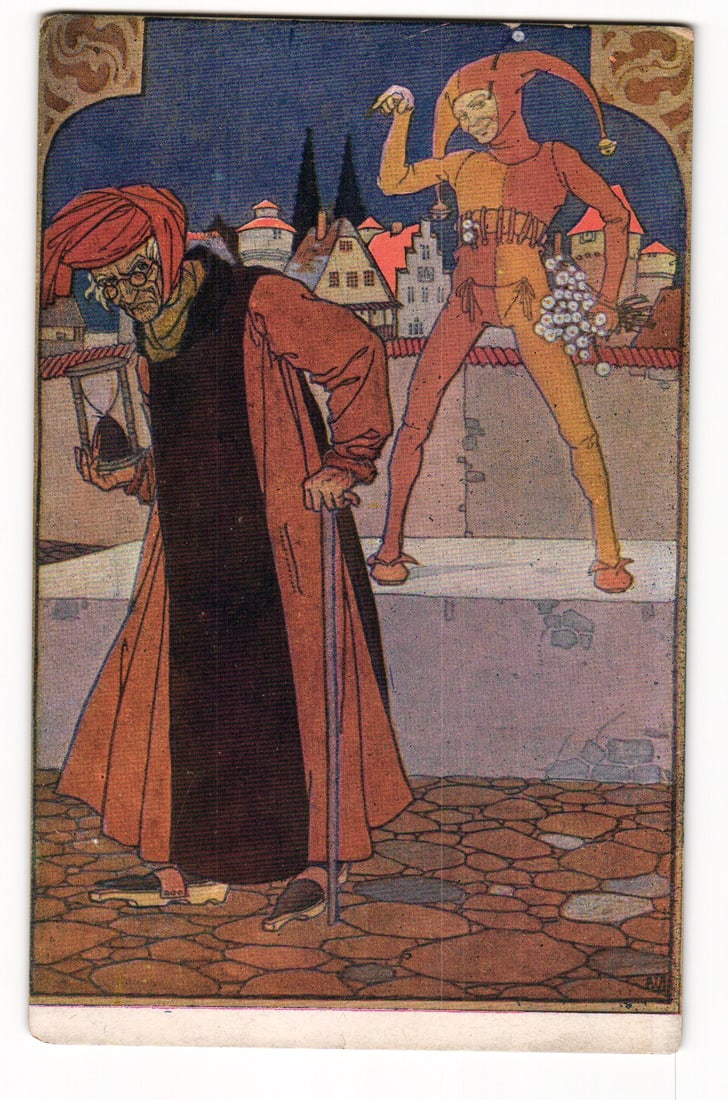 Josef Wenig Czech Artist Art Nouveau Father Time & Jester Novorocni Pozdrav (New Years Greetings) (1 of 2)