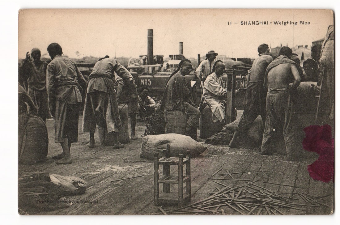 Denniston & Sullivan Postcard: Shanghai, China. 'Weighing Rice' dockside scene with laborers,: Please view photos for further description and condition considerations. Please know the scans may be darker or lighter than the actual card's true appearance. FREE SHIPPING POLICY: (Domestic USA Only