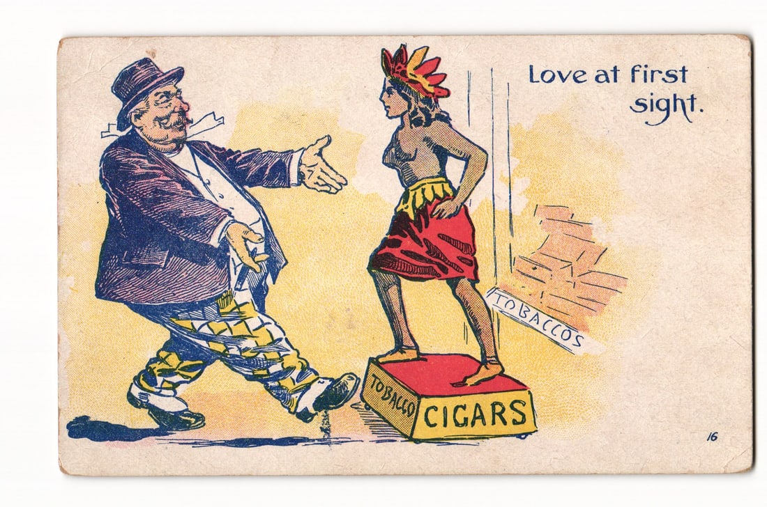 1908 Kansas Postcard: Comic Caricature of Man & Cigar Store Indian Woman, Tobacco Ad, "Love at first (1 of 2)