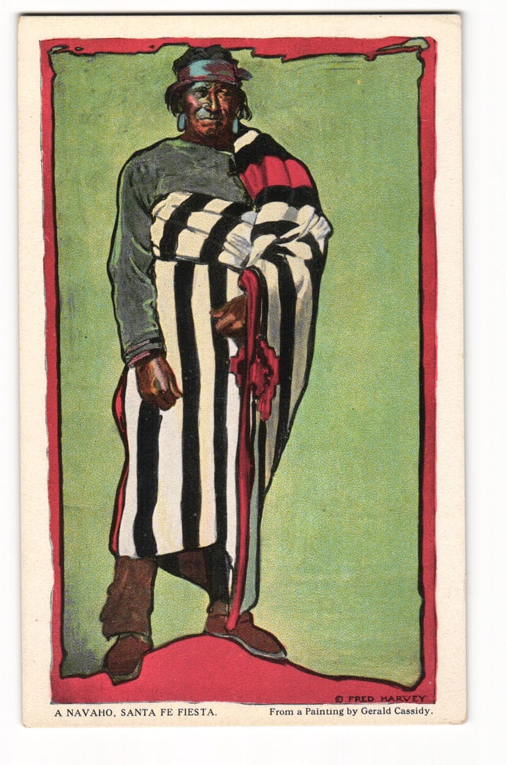 Fred Harvey Postcard: "A Navajo" Santa Fe Fiesta Series, New Mexico, Gerald Cassidy, c.1920s H-2921 (1 of 2)