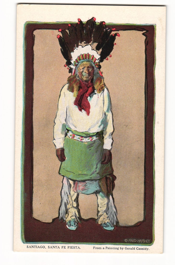 Fred Harvey Postcard: Santiago, Santa Clara Pueblo Gov., painted by G. Cassidy, Santa Fe Fiesta,: Please view photos for further description and condition considerations. Please know the scans may be darker or lighter than the actual card's true appearance. FREE SHIPPING POLICY: (Domestic USA Only