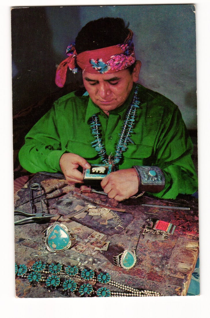 Postcard: Indian Silversmith, Turquoise & Coin Silver Jewelry, Primitive Tools, Arizona, c.1950s (1 of 2)