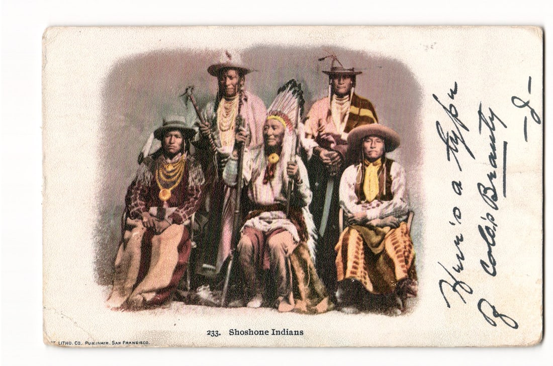 c.1904 Postcard: Five Shoshone Indians in Traditional Regalia, Denver CO PM to Newport, Rhode Island: Please view photos for further description and condition considerations. Please know the scans may be darker or lighter than the actual card's true appearance. FREE SHIPPING POLICY: (Domestic USA Only