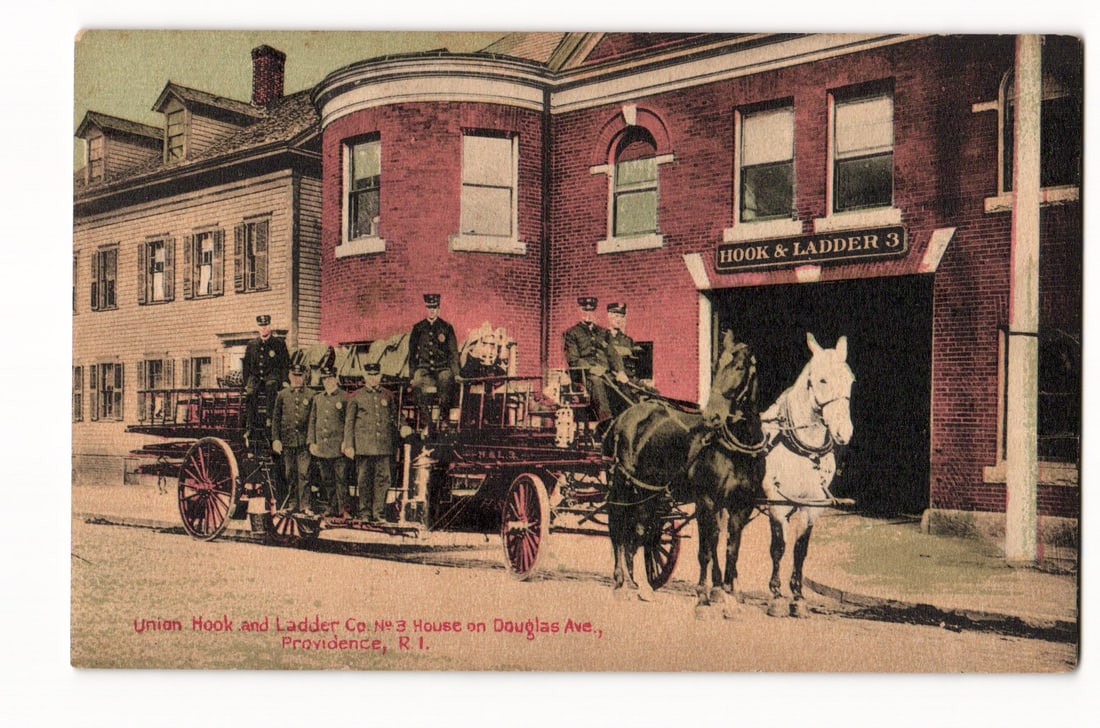 Providence, RI Postcard: Union Hook & Ladder Co. No 3 House, Douglas Av, 1901 Seagrave Trussed Truck (1 of 2)