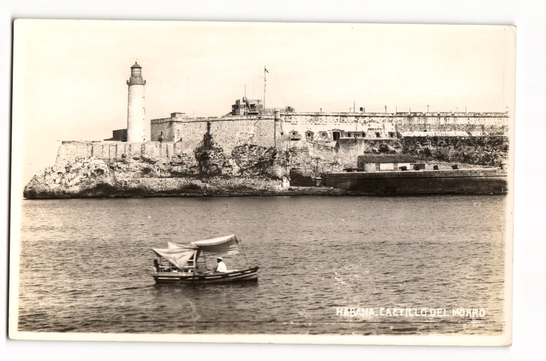 RPPC Postcard: Habana, Cuba. Castillo del Morro Fortress, Lighthouse, Harbor, Covered Boat, Early (1 of 2)