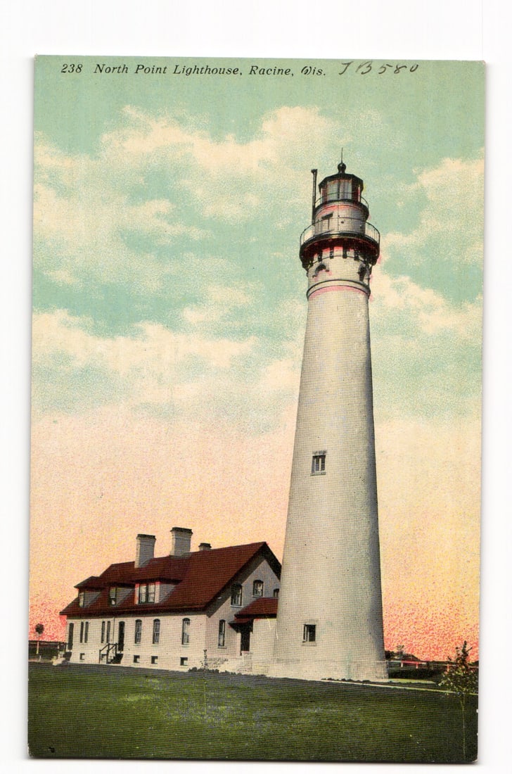 Color Postcard: Tall North Point Lighthouse, Racine, WI. Keeper's House. E.A. Bishop. ca. 1907-1917. (1 of 2)