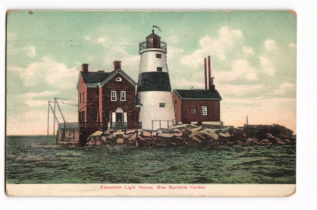 Postcard: Execution Light House, New Rochelle Harbor, NY. 1908 Mt. Vernon postmark, German (1 of 2)