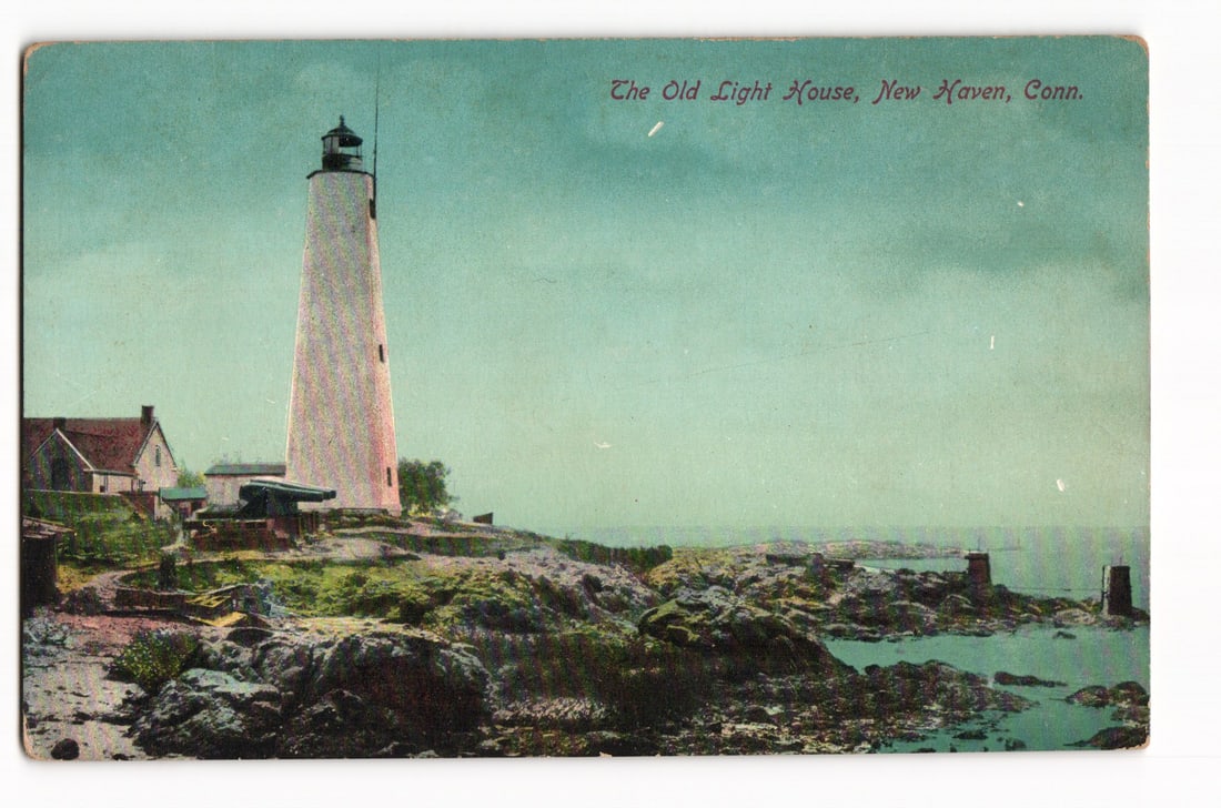 Early 1900s Postcard: The Old Light House, New Haven, Connecticut, with cannon, coastal view (1 of 2)
