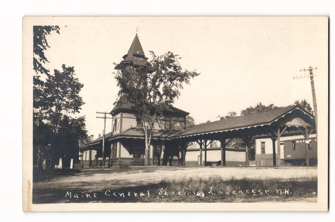 RPPC: Maine Central Station, Lancaster, NH. Early 20th C. Victorian depot, tower & train car.: Please view photos for further description and condition considerations. Please know the scans may be darker or lighter than the actual card's true appearance. FREE SHIPPING POLICY: (Domestic USA Only
