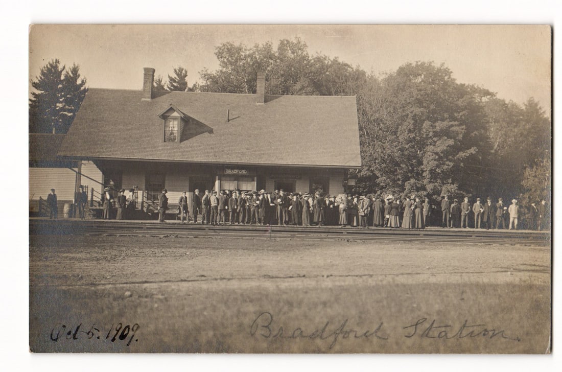 RPPC: Bradford Station, Bradford, NH. View of large crowd of townsfolk on platform, Oct 5. 1909. (1 of 2)