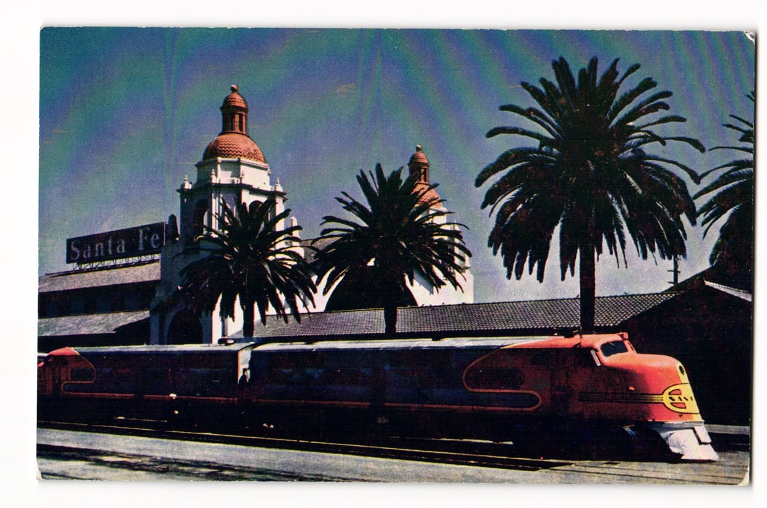 Vintage Postcard: Sleek Santa Fe Streamliner at San Diego, CA Mission-Style Railway Terminal, 1950s: Please view photos for further description and condition considerations. Please know the scans may be darker or lighter than the actual card's true appearance. FREE SHIPPING POLICY: (Domestic USA Only