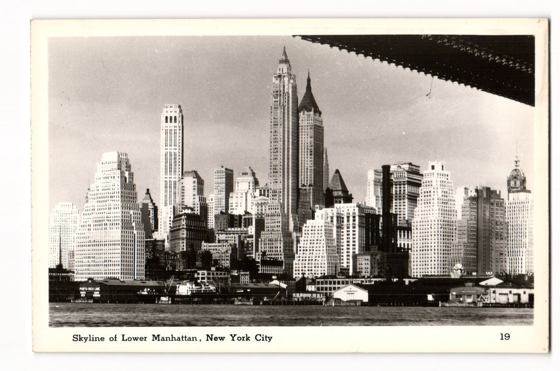RPPC NYC: Lower Manhattan Skyline from water; Woolworth, 70 Pine, 20 Exchange Bldg, c.1930s Mainzer (1 of 2)