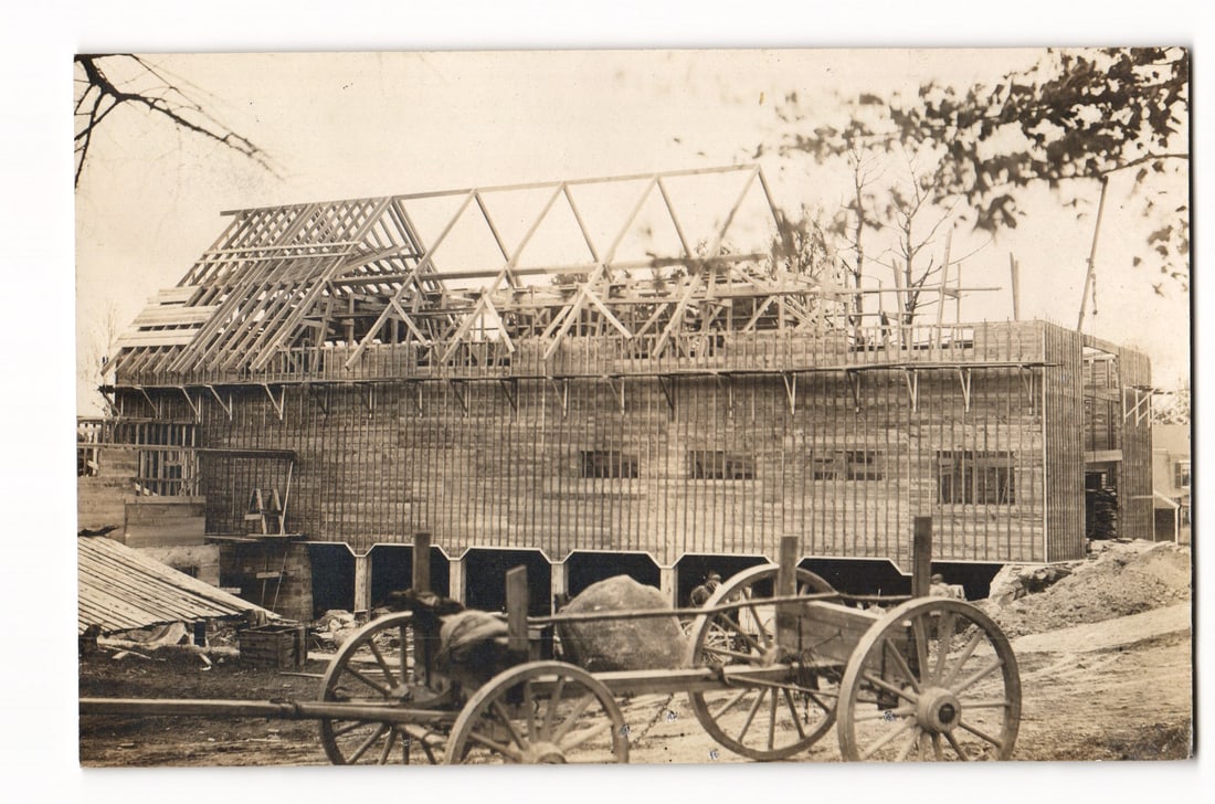 RPPC: Construction of Large Timber Frame Building, Peterboro, NH, by G.F. Wilcox, c. Early 1900s (1 of 2)