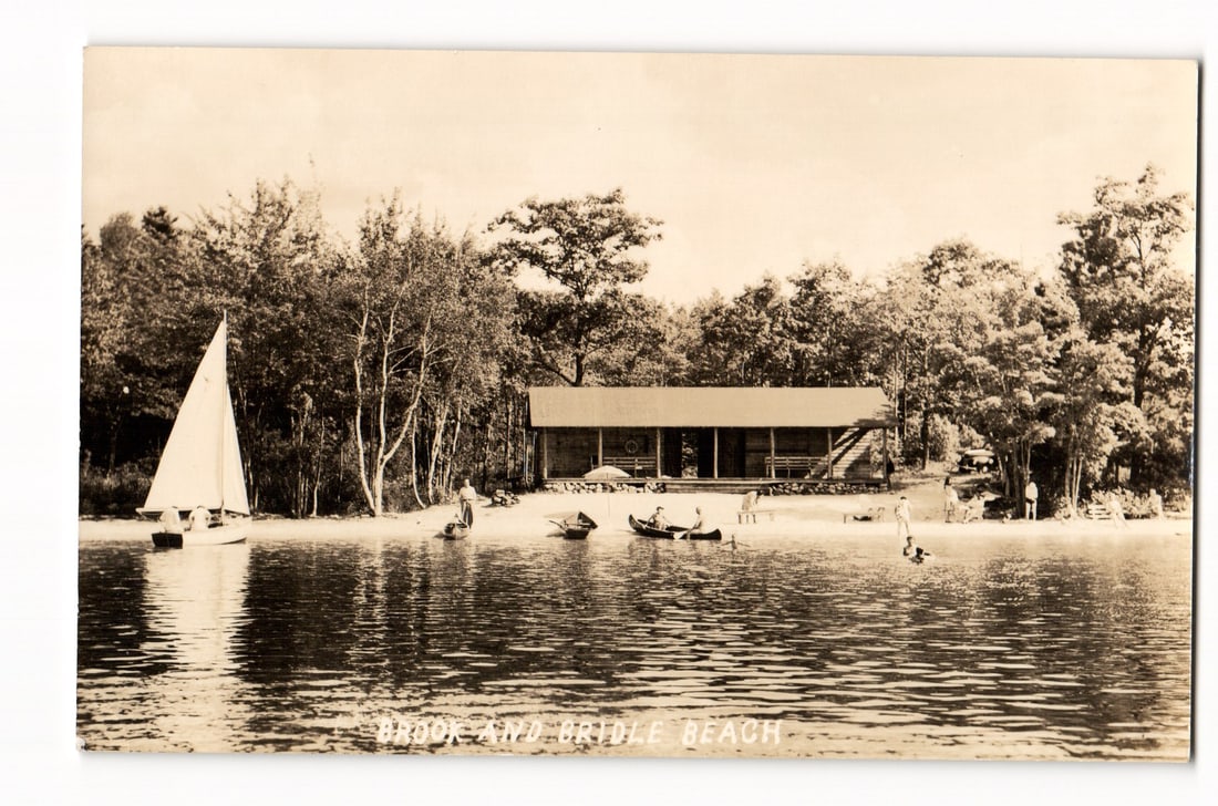 RPPC: Brook and Bridle Beach Scene, Lakeside Cabin, Sailboat, Canoes, People, Circa 1920s-1940s (1 of 2)