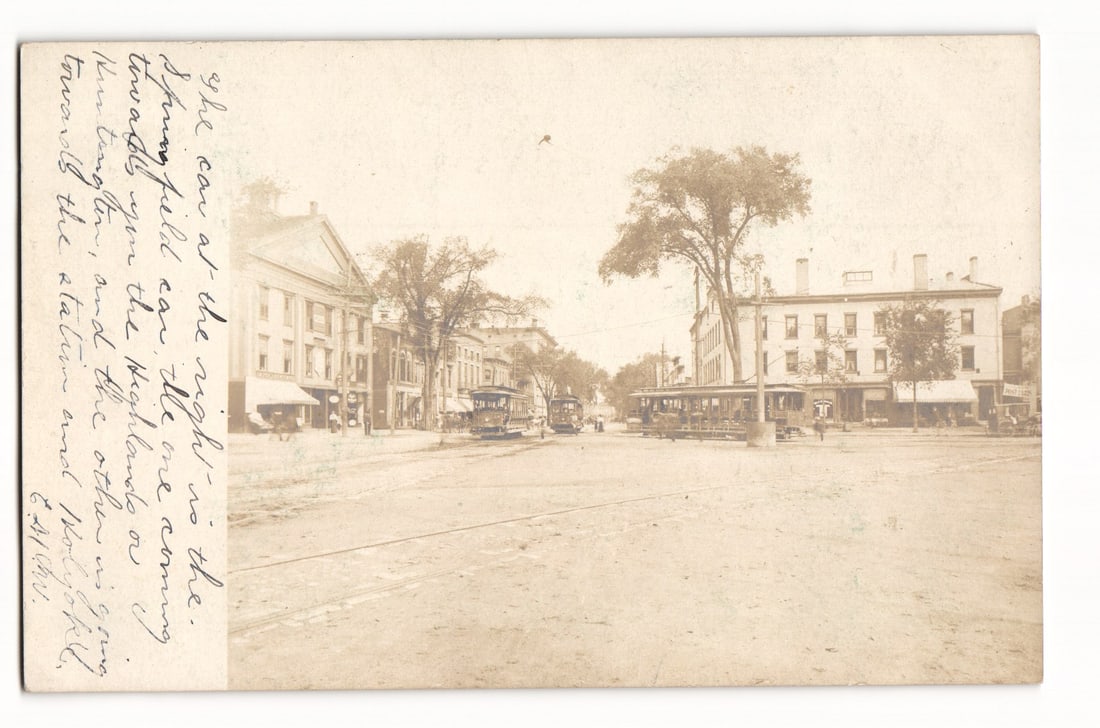 RPPC Springfield, MA: Busy Street Scene, Trolleys for Springfield, Highlands, Westfield, Station (1 of 2)