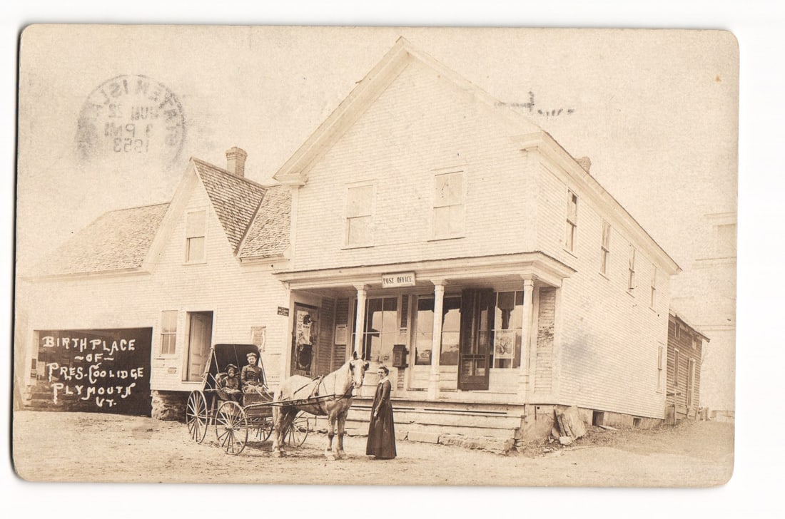 RPPC Pres. Calvin Coolidge Birthplace & Post Office, Plymouth, Vermont. Horse & Carriage c.1904-1918: Please view photos for further description and condition considerations. Please know the scans may be darker or lighter than the actual card's true appearance. FREE SHIPPING POLICY: (Domestic USA Only