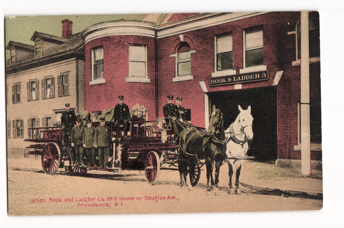Providence, RI: Union Hook & Ladder Co. No.3 Horse-Drawn Seagrave Truck on Douglas Ave. 1901 (1 of 2)