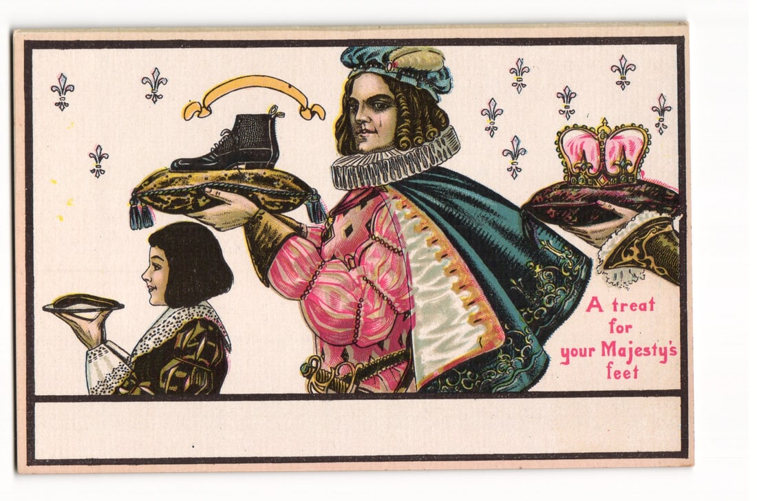 1909 P. Schmidt B. Co. Chicago Color Ad Postcard: Noble, Ice Skate "A Treat for Your Majesty's Feet": Please view photos for further description and condition considerations. Please know the scans may be darker or lighter than the actual card's true appearance. FREE SHIPPING POLICY: (Domestic USA Only
