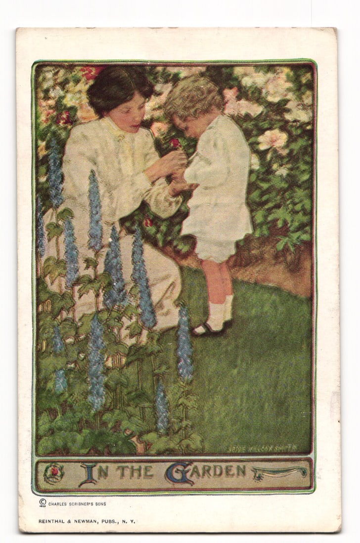 Jessie Willcox Smith "In The Garden" Postcard: Woman Gifting Flower to Child. Scribner's/R&N. (1 of 2)